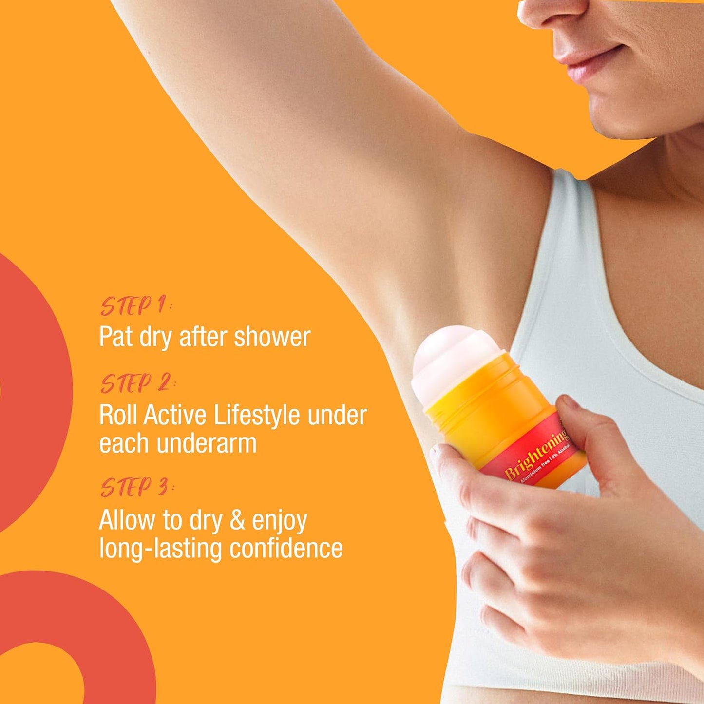 Person applying deodorant with text on an orange background