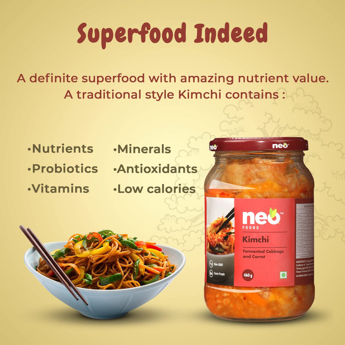 Neo Kimchi I Fermented Indian Cabbage & Carrot 460g I 100% Plant Based I Made in India I Ready to Eat Pickle I Healthy Food I Enjoy with Ramen Noodles, Kimchi Noodle, Korean Rice & Snacks I Probiotic-Rich Side Dish I 460g