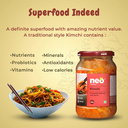 Neo Kimchi I Fermented Indian Cabbage & Carrot 460g I 100% Plant Based I Made in India I Ready to Eat Pickle I Healthy Food I Enjoy with Ramen Noodles, Kimchi Noodle, Korean Rice & Snacks I Probiotic-Rich Side Dish I 460g