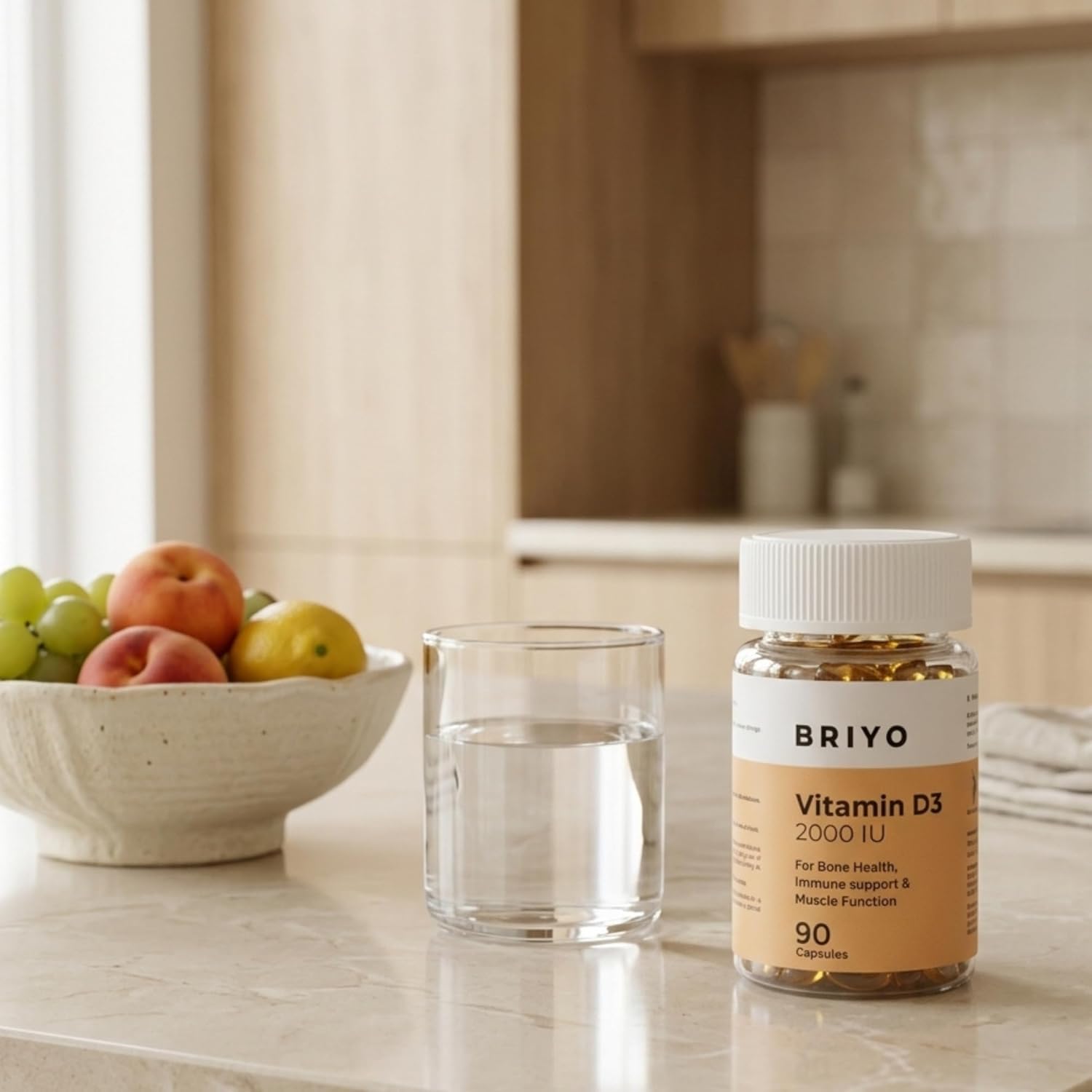 Briyo Vitamin D3 bottle on a kitchen counter with a glass of water and fruit bowl.