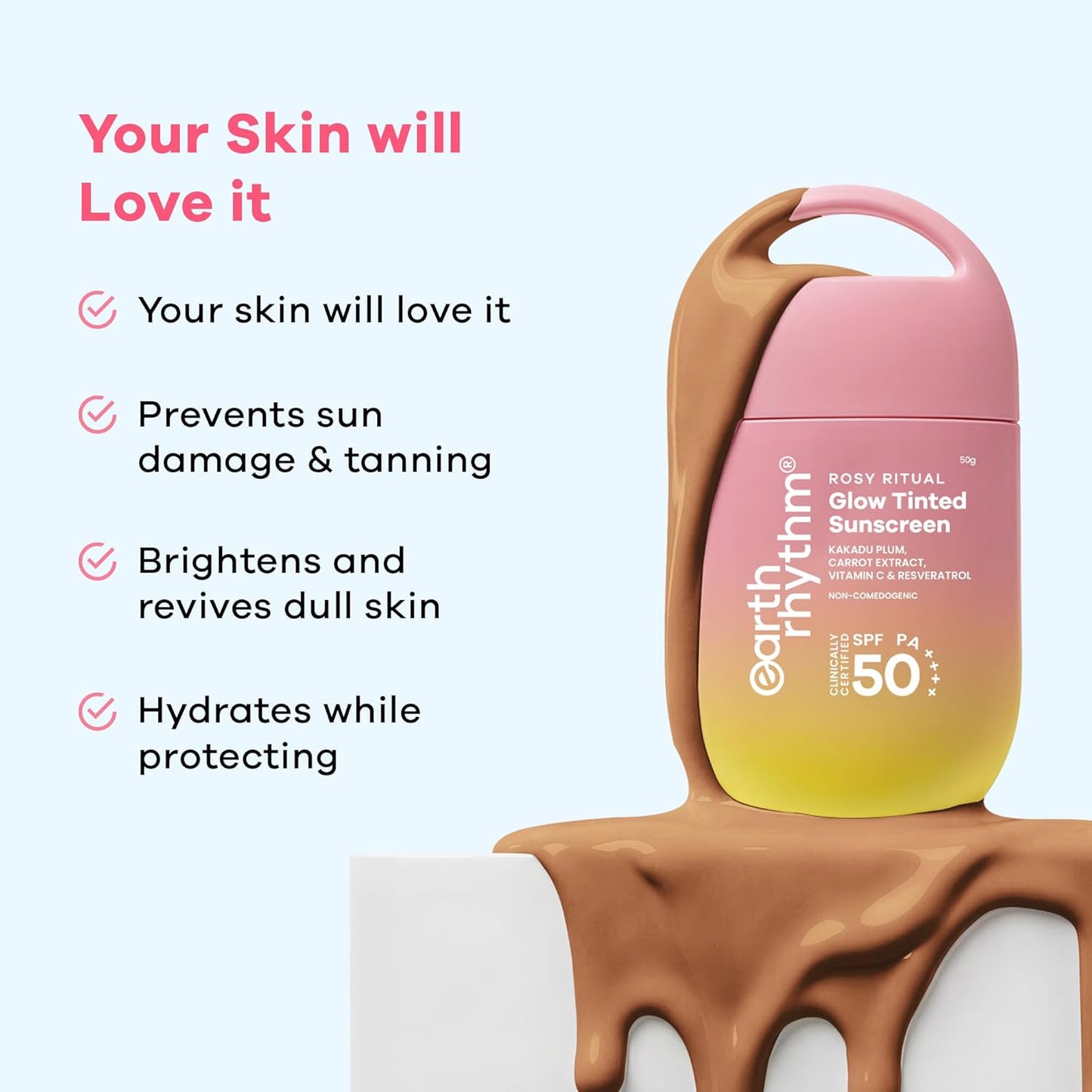 Earth Rhythm Rosy Ritual Glow Tinted Sunscreen SPF 50 PA ++++ with Vitamin C,No Oxybenzone (50gm) - Almond