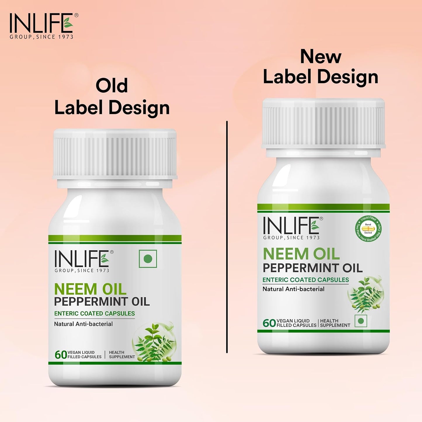 INLIFE Neem Oil 350mg with Peppermint Oil 150mg | Digestive Health & Skin, Hair Care Supplement | Enteric Coated Capsules – 60 Liquid Filled Vegetarian Capsules (Pack of 1, 60)