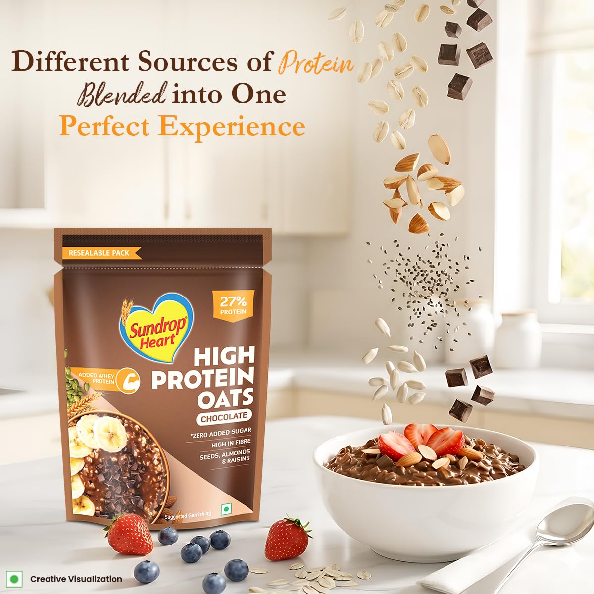 Sundrop Heart High Protein Oats| 27g Protein| Zero Added Sugar| Whey Protein Added| 12.6g Fibre| 500g| Chocolate| Added Seeds, Almonds & Raisins