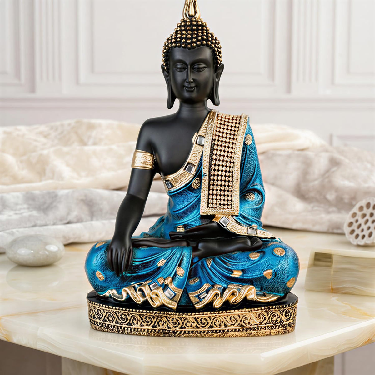Buddha Idol Statue | Home Decoration Items for Living Room (Blue Black)
