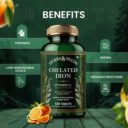 Herbs & Seeds Chelated Iron supplement bottle with benefits listed on a green background