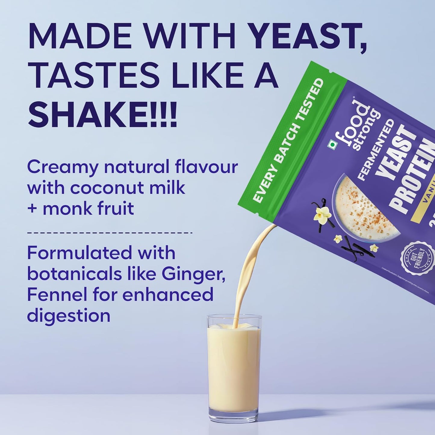 Foodstrong Fermented Yeast Protein - Vanilla | 26g Complete Plant Protein with Probiotics, Digestive Enzymes, & Indian Herbs | Vegan | No Sugar | 500g