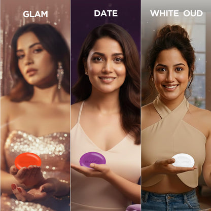 Three women holding cosmetic products labeled 'Glam', 'Date', and 'White Oud'.