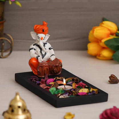 Orange White Resin Lord Ganesha Statue Playing Tabla Showpiece Potpourri Rectangle Tea Light Candle Holder|Ganpati Murti Tea Light Holder Diwali Decoration Items for Home Decor|Diwali Gift