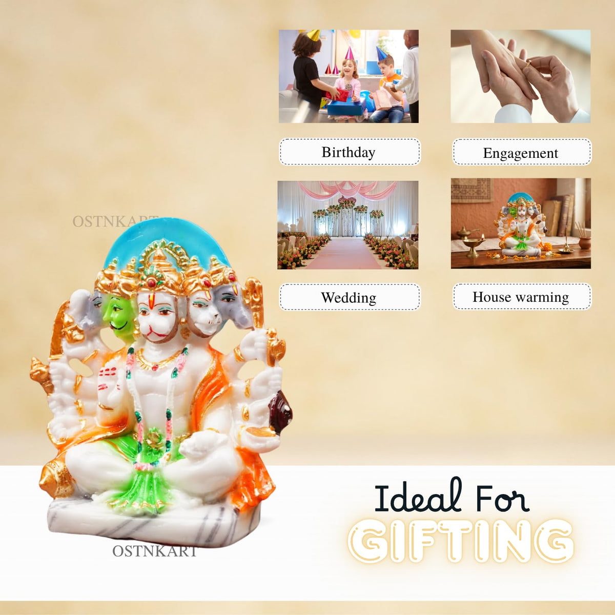 Panchmukhi Hanuman Murti 6 inch Marble Dust Multicolour God Idol for Home Decor, Pooja Room,Temple,Vastu Statue,Gifting