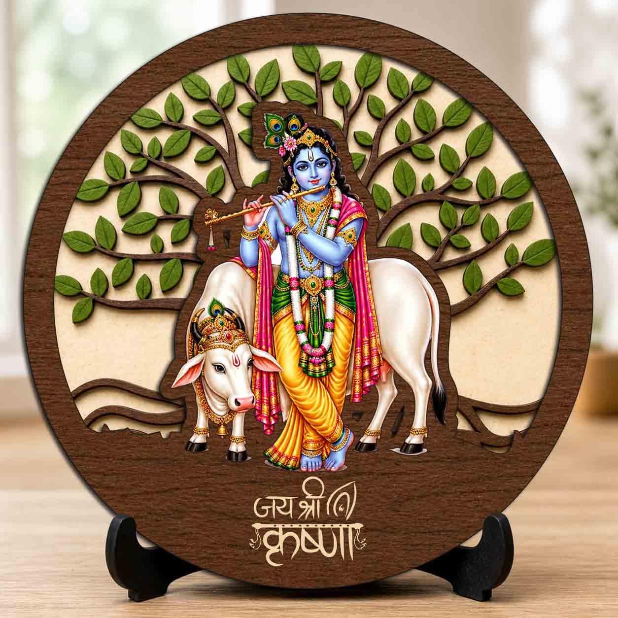 Plan To Gift Krishna Ji Wooden Murti for Home Mandir, Prayer Room, Table Top Decor & Spiritual Gifting - 5x5 Inch