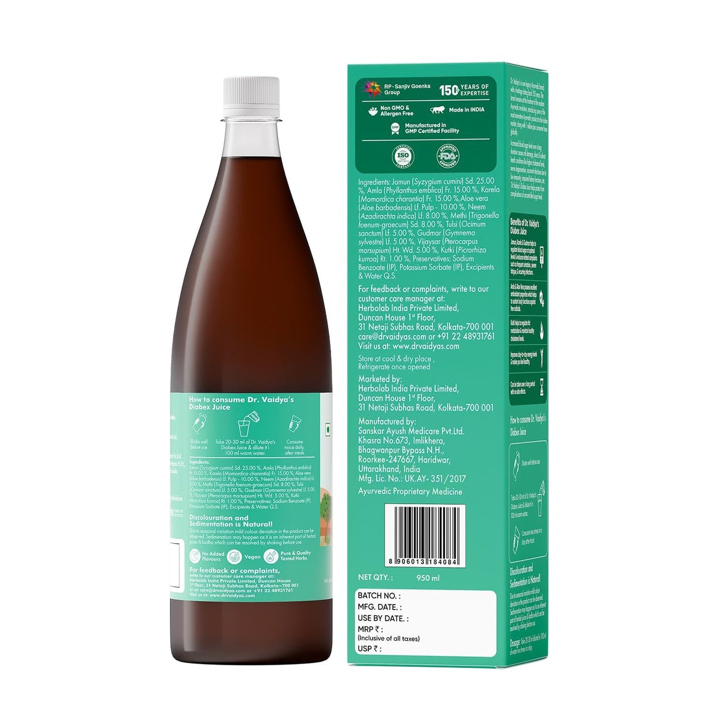 Dr. Vaidya’s Diabex Juice for Diabetic Care | Ayurvedic Diabetes Juice with Karela, Jamun & Neem | Helps Manage Blood Sugar Levels | No Added Sugar or Artificial Flavours | 950ml