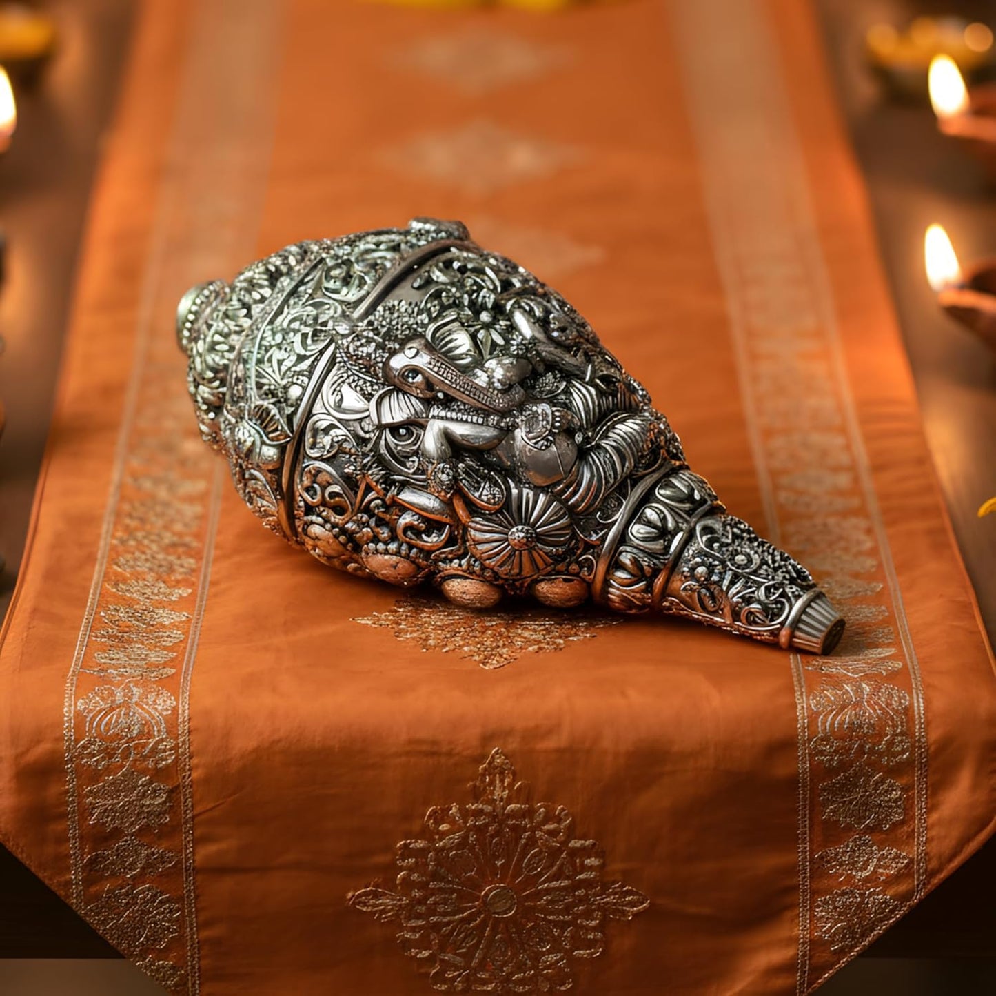 Dev Aastha Silver Plated Ganesh Shankh Idol 5.2 Inch | Lord Ganesha Conch Showpiece for Pooja Room, Home Decor & Office Desk | Vastu Gift Item for Housewarming