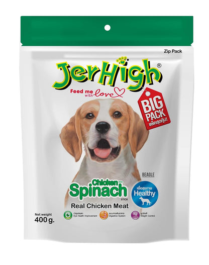JerHigh Chicken Dog Treats, Human Grade High Protein Chicken, Fully Digestible Healthy Snack & Training Treat, Free From By-Products & Gluten, Spinach 400Gm,All Life Stages,Dried