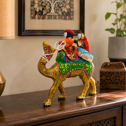 JH Gallery Handmade Recycled Material Figurines Rajasthani Doll Couple Rider Idol Showpiece, Multicolor (18 * 16 * 5cm) (Camel)