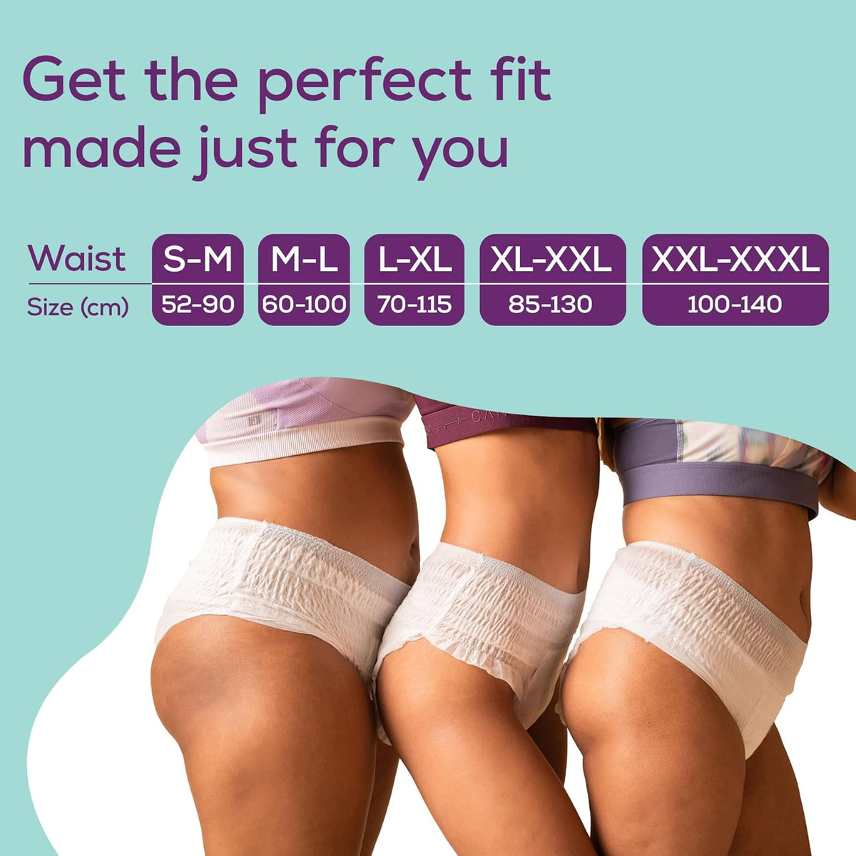 Measurement chart for women's underwear with size guide on a light blue background