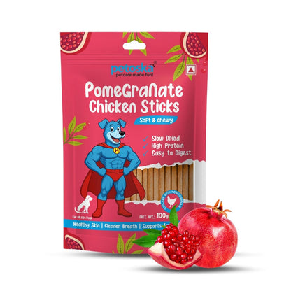Petoska Chicken & Pomegranate Dog Treats – 100g Natural Chewy Sticks for Dogs, Immune Support, Cleaner Breath, Perfect Training Snack, All-Natural Chicken Jerky for Puppies & Adult Dogs