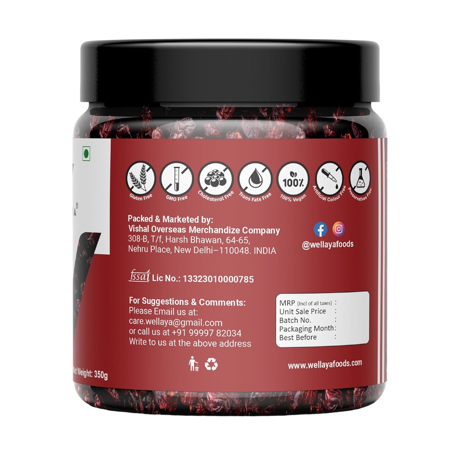 WELLAYA Premium Dried Whole Cranberries | No Fat and Low Calories | High Nutrient and Antioxidant Cranberry Whole Superfood Berries