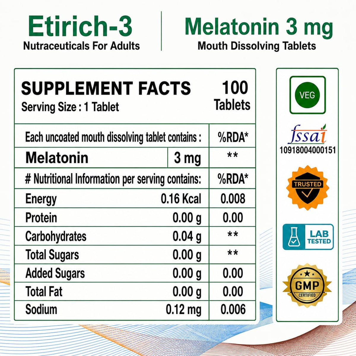 Etirich-3 Melatonin 3 mg Mouth Dissolving Chewable Tablet (100 Tablets) Deep Sleep Support, Non Habit Forming, Helps Regulate Sleep-Wake-Cycle, Sleeping Aid Nutrition Supplement, Vanilla flavoured