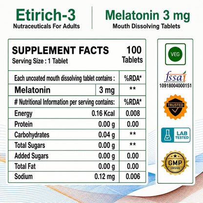 Etirich-3 Melatonin 3 mg Mouth Dissolving Chewable Tablet (100 Tablets) Deep Sleep Support, Non Habit Forming, Helps Regulate Sleep-Wake-Cycle, Sleeping Aid Nutrition Supplement, Vanilla flavoured