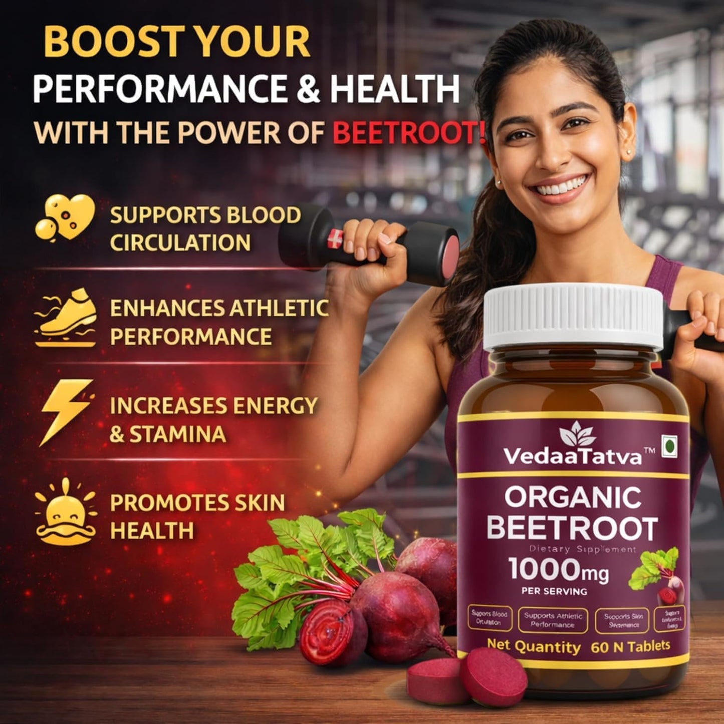 Vedaa Tatva Organic Beetroot supplement with a woman exercising in the background
