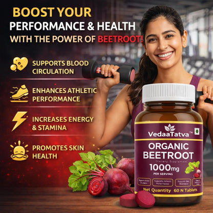 Vedaa Tatva Organic Beetroot supplement with a woman exercising in the background