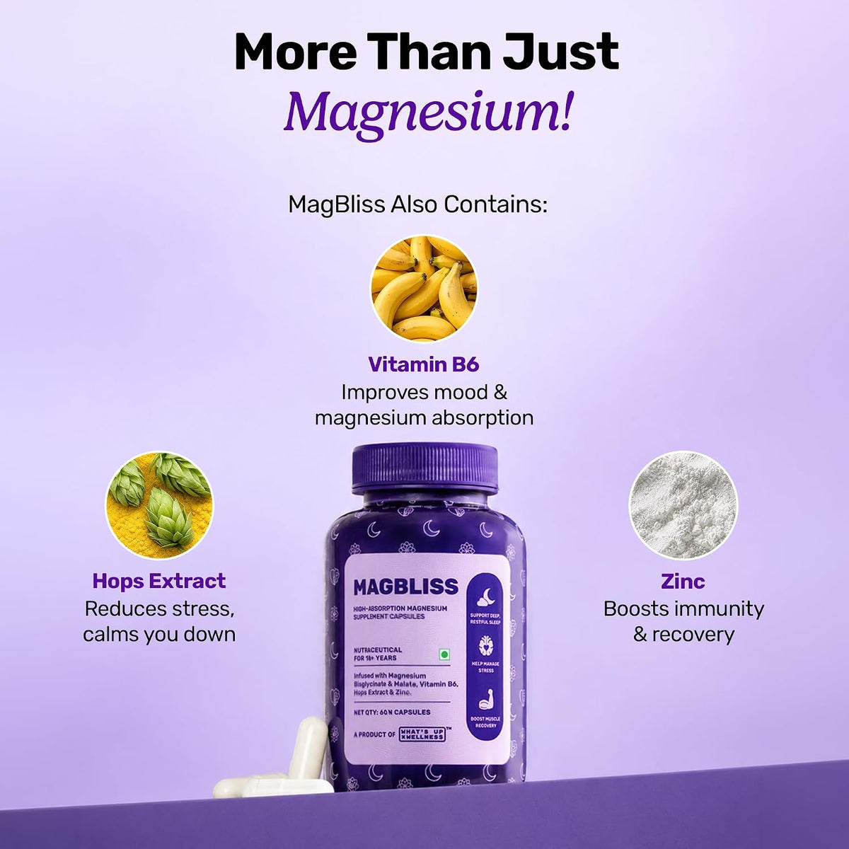 What’s Up Wellness MagBliss Magnesium Supplement| Magnesium Glycinate,Malate, Zinc & B6| Sleep, Cramps, Recovery, Nerve & Muscle Function| Men & Women| High Absorption & Clinically Proven| 60 Capsules