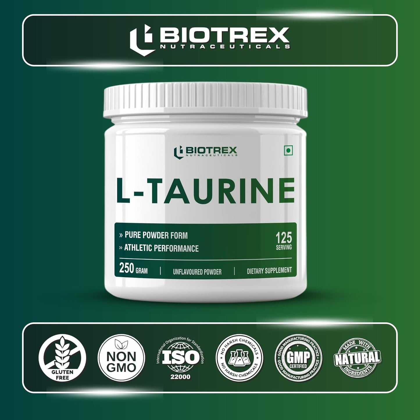 Biotrex Nutraceuticals L-Taurine Powder | Amino Acid Supplement For Athletic Performance | Cardiovascular Health & Enhances Muscle Function | Men & Women - 250Gram (Serving 125)