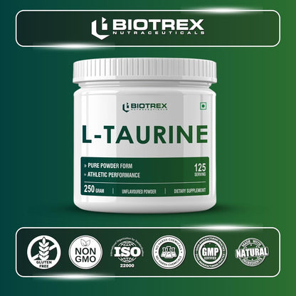 Biotrex Nutraceuticals L-Taurine Powder | Amino Acid Supplement For Athletic Performance | Cardiovascular Health & Enhances Muscle Function | Men & Women - 250Gram (Serving 125)