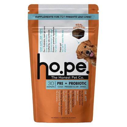 Hope Pre & Probiotics Supplement for Dogs - 30 Chicken hoplets | Paw Licking & Scratching Relief | Tasty Chews with Hing for Absolute Gut Health | Coldpressed| Air-Dried | Honest Pet Co
