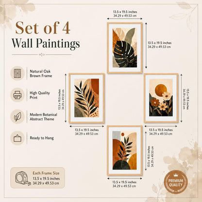 Set of 4 Botanical Leaf & Floral Wall Paintings with Sparkle Laminate and Premium Wooden Synthetic Frame for Living Room Bedroom Office Decor (13.5 x 19.5 Inch)