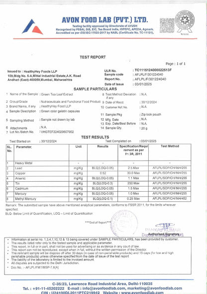 Avon Food Lab test report with various parameters and results.