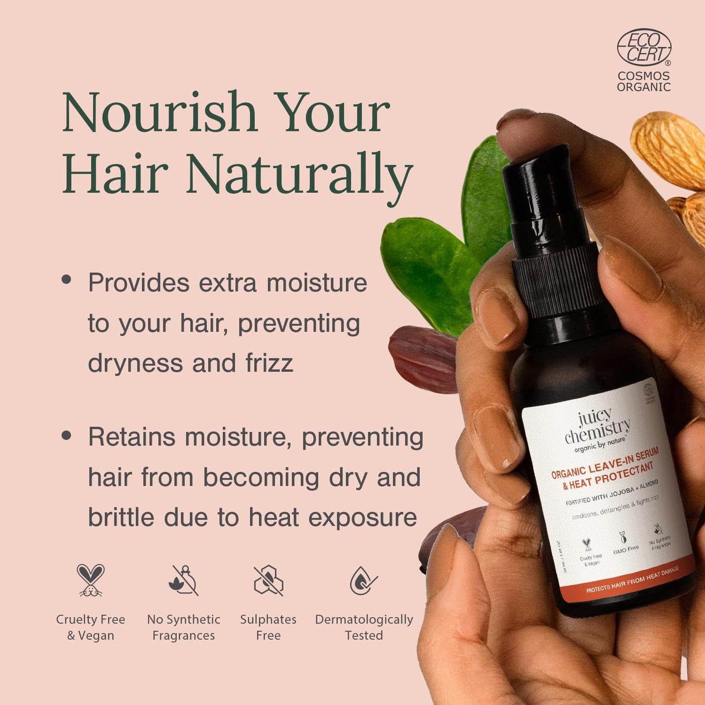 Juicy Chemistry Certified Organic Leave-in Hair Serum & Heat Protectant, 30 ml | Nourishes & Protects Hair | Prevents Dryness & Fizz | Adds Natural Shine | With Jojoba & Almond Oil | Dermatologically Tested | Cruelty Free & Vegan