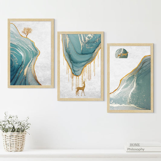 Golden Deer Paintings with Frame for Home Decor Wall Art, Wall Painting for Living Room, Multicolor, Natural Wood Color Frames, 12.0x18.0 inch, Set of 3