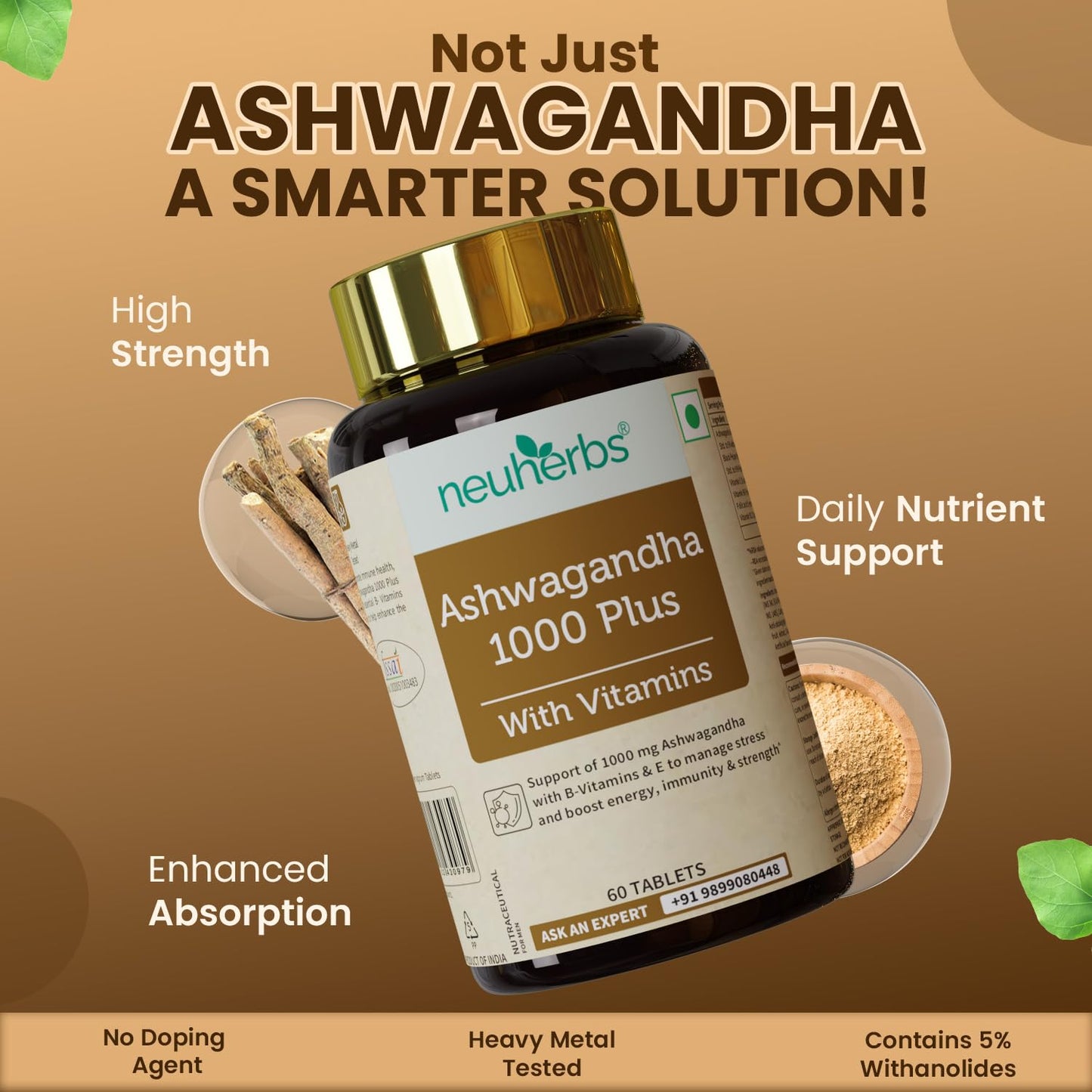 Neuherbs Ashwagandha 1000mg Tablets For Men | Manage Anxiety & Stress Relief | Ashwagandha Supplements With Vitamin B6, B9, B12 & E To Boost Energy, Immunity & Strength