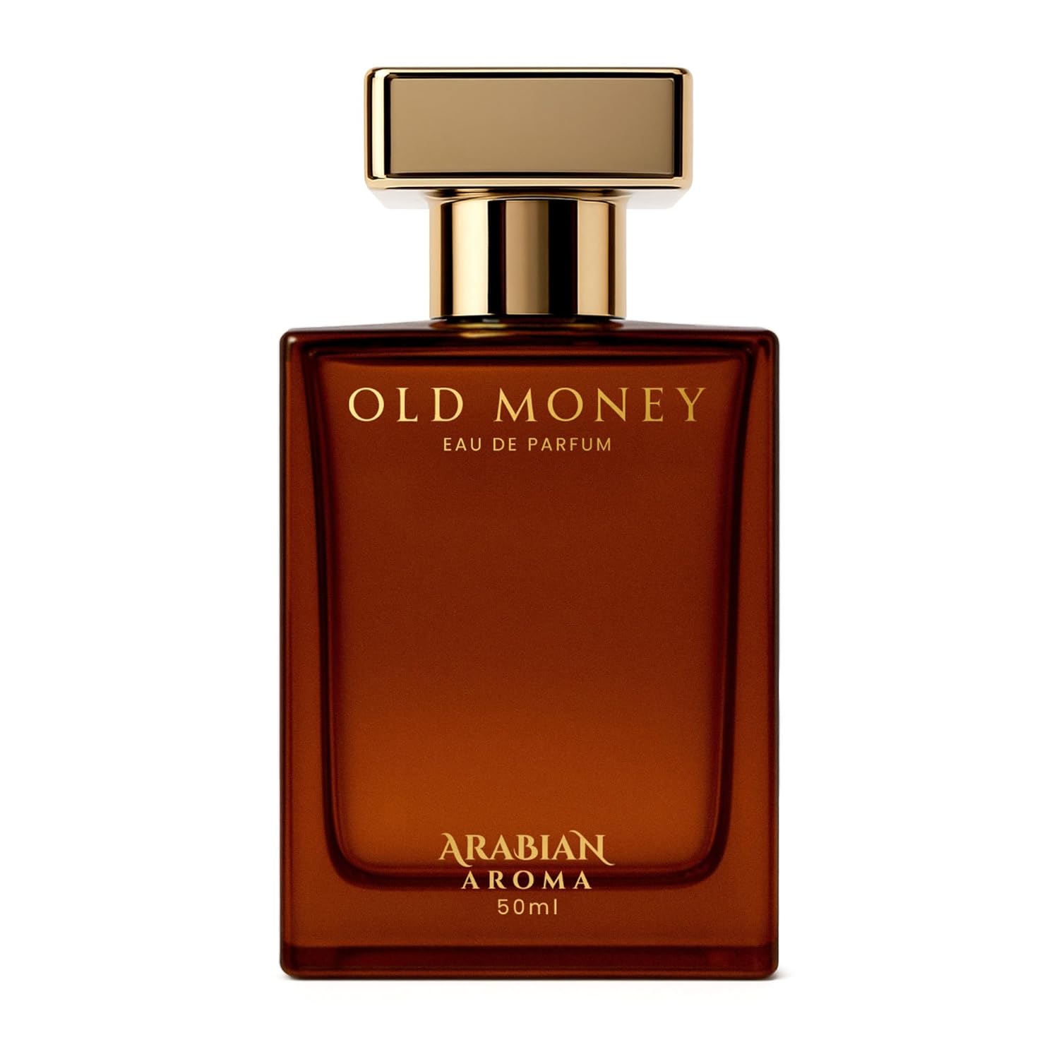 Brown perfume bottle with gold cap labeled 'Old Money' by Arabian Aroma on a white background