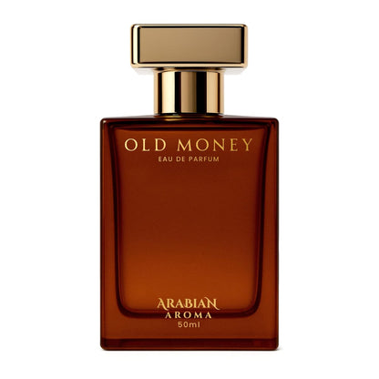 Brown perfume bottle with gold cap labeled 'Old Money' by Arabian Aroma on a white background