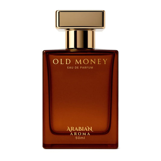 Brown perfume bottle with gold cap labeled 'Old Money' by Arabian Aroma on a white background