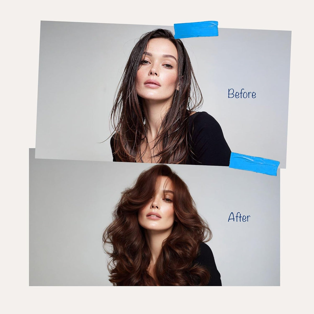 Before and after comparison of a woman's hair with text labels on a gray background