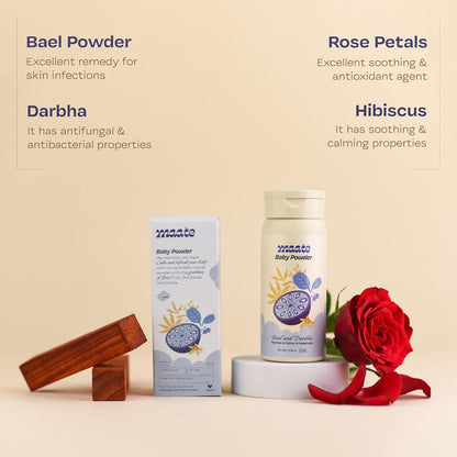 Maate Talc Free Natural & Ayurvedic Baby Powder | Soothes and Keeps Your Baby's Skin Calm | Enriched with Bael Fruit, Red Sandal and Darbha | 100% Natural, Non-Irritant and Safe (100 gm)