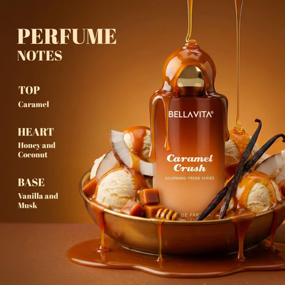 BELLAVITA Caramel Crush | Long Lasting EDP | 100ml | Perfume for Man | Perfume for Woman | Smells Like a Snack | Caramel, Vanilla, Honey, Coconut & Musk | Premium Unisex Gourmand Fragrance