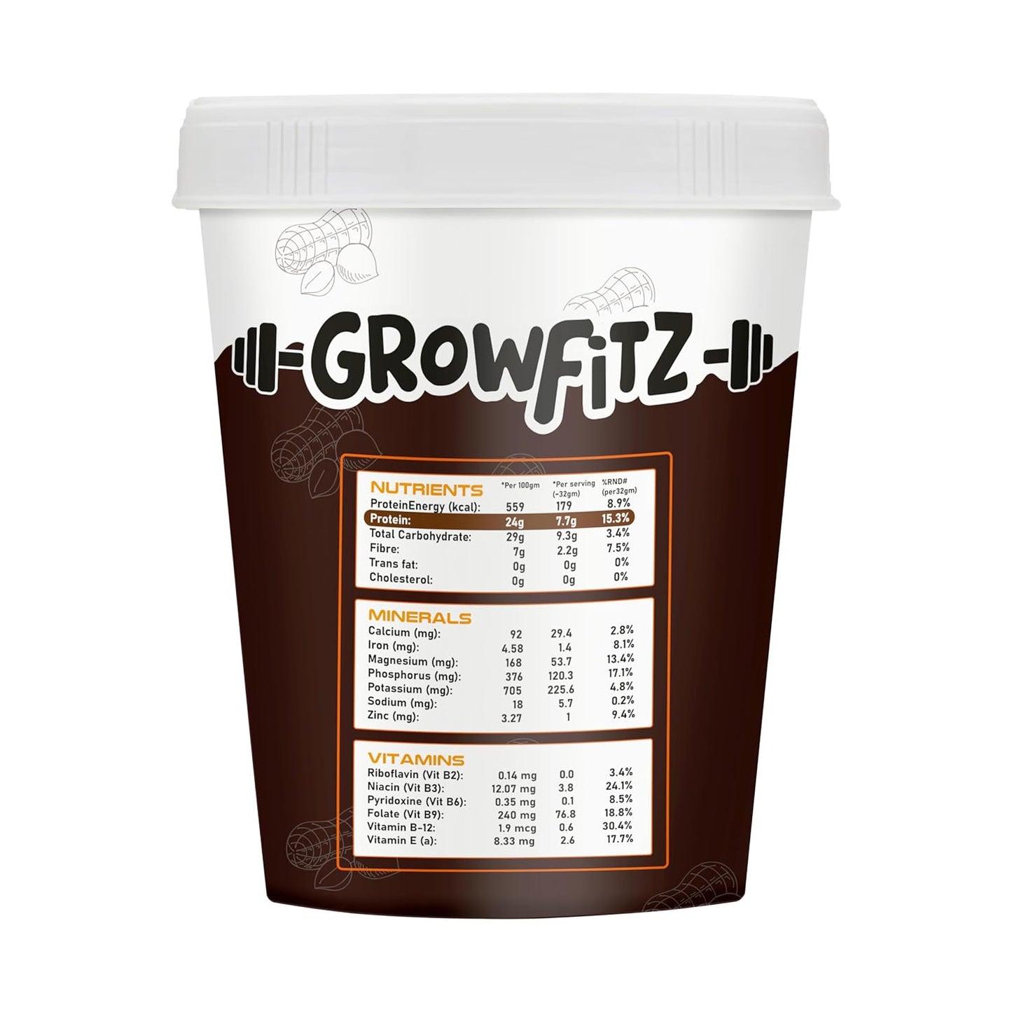 Growfitz Peanut Butter Chocolate Crunchy 400g | 24g High Protein Peanut Butter | 7g Fiber | Tasty & Healthy Nut Butter Spread for Breakfast & Snacks | Roasted Peanuts | Zero Sugar (Pack of 1)
