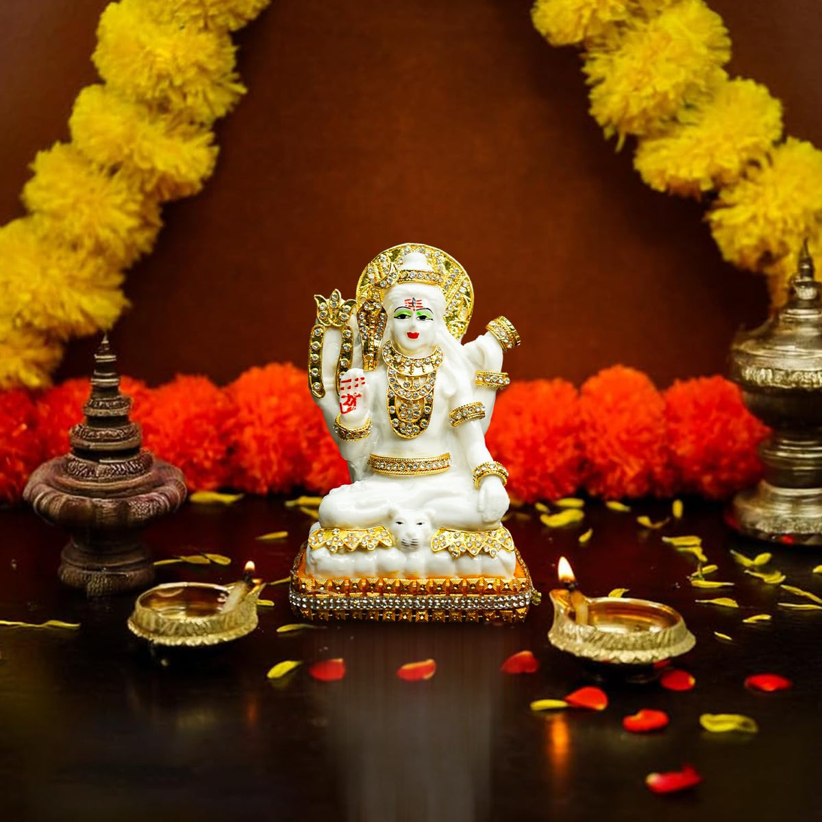 White Marble Dust Lord Shiva Idol for Home (5 inch) | Jewellery Embellished Lord Siva Statue for Pooja Room, Home Decor and Office Desk | Resin Shiv Ji Murti | Sitting Bholenath Murti for Gift