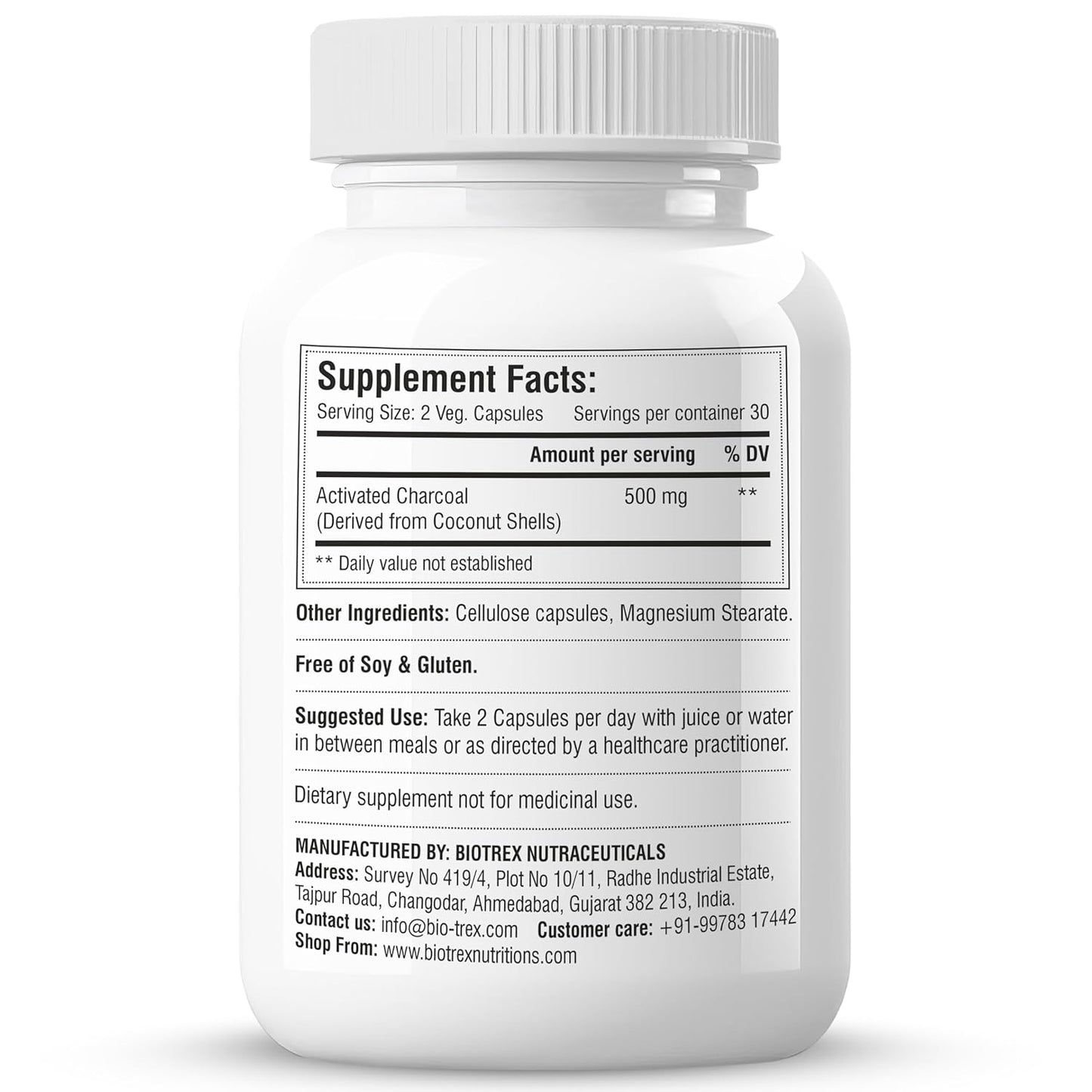 Biotrex Nutraceuticals Activated Charcoal 500mg | Sourced From Coconut Shells | Gas & Bloating Relief | Supports Digestive Health & Gut Detox | 100% Natural | 60 Veg Capsules