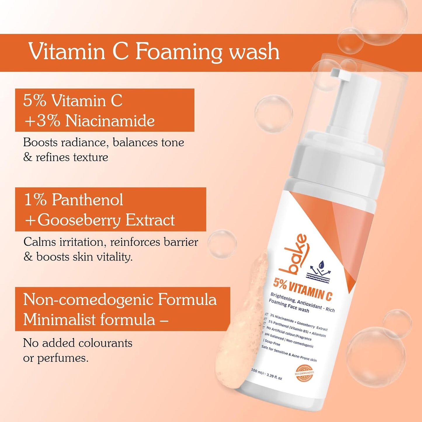 BAKE 5% Vitamin C Foaming Face Wash with Niacinamide | Brightening Face Wash for Pigmentation, Dark Spots & Uneven Skin Tone | Antioxidant Rich Cleanser for Dull, Normal to Oily Skin – 100ml