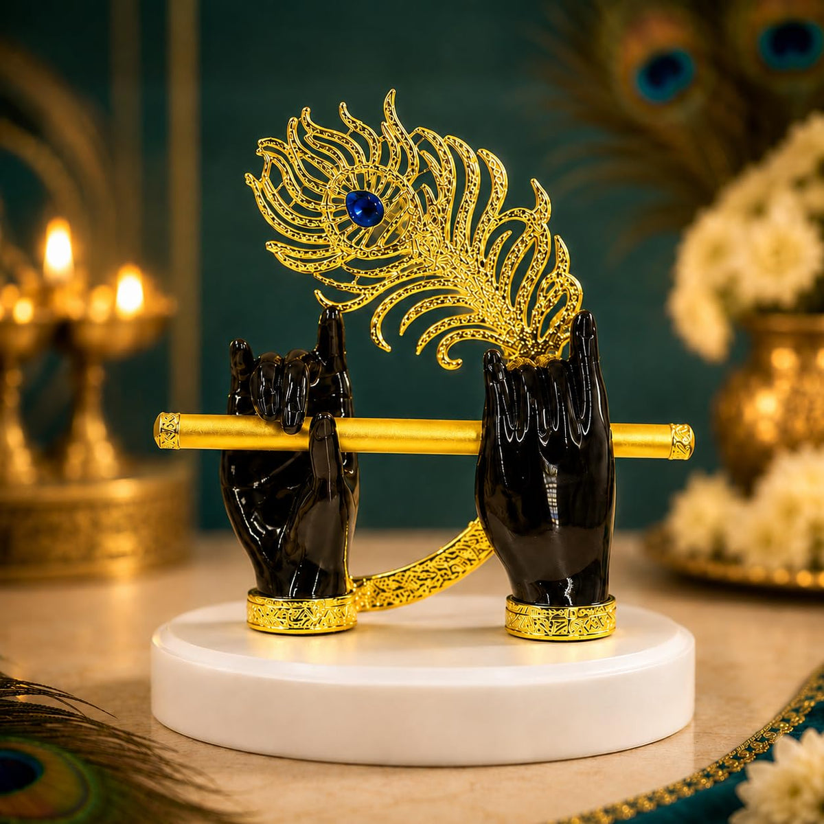 Goldplated Krishna Black Hand with Flute Idol Peacock Feather Mor Pankh Showpiece,Housewarming Gift, Birthday Anniversary Wedding Janmashtami Gift, Home Decor Decoration Items for Living