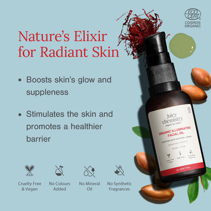 Juicy Chemistry Organic Illuminating Facial Oil with Saffron + Argan, 30 ml | Boosts Skin Glow | Promotes Healthier Barrier | Brightens & Evens Out Skin Tone | Non-sticky & Lightweight | Dermatologically Tested