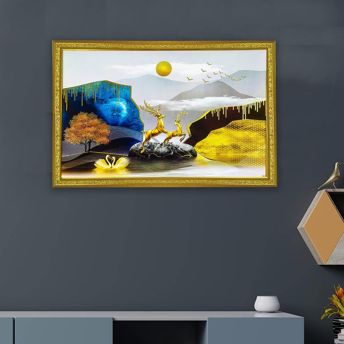 Abstract art Framed Golden Foil 3D Style Landscape Painting | Ready to Hang (14 x 20 inches, Multicolor)