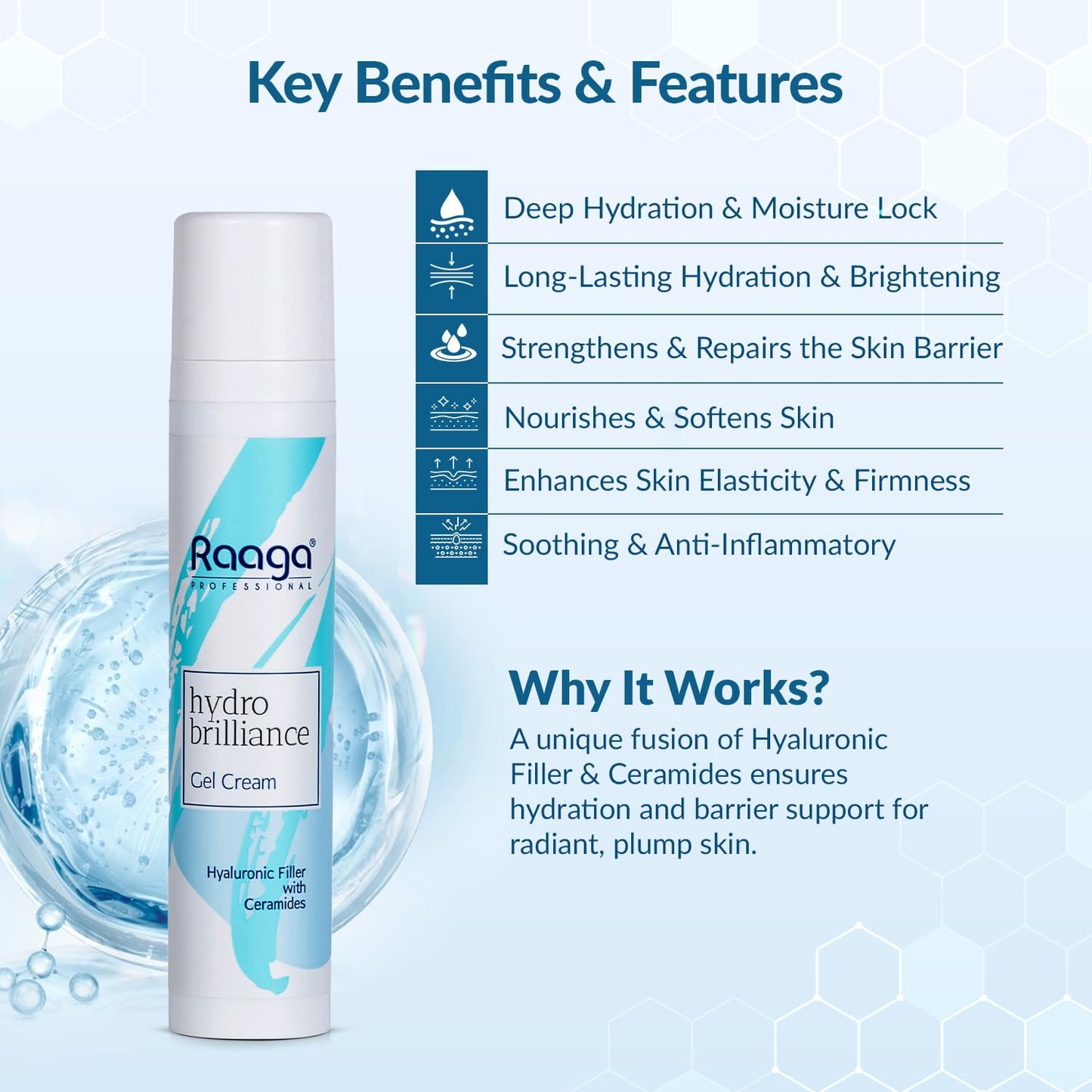 Raaga Professional Hydro Brilliance Gel Cream | Hyaluronic Filler with Ceramides | Paraben Free, Sulphate Free, Dermatologically Tested (55 ml)