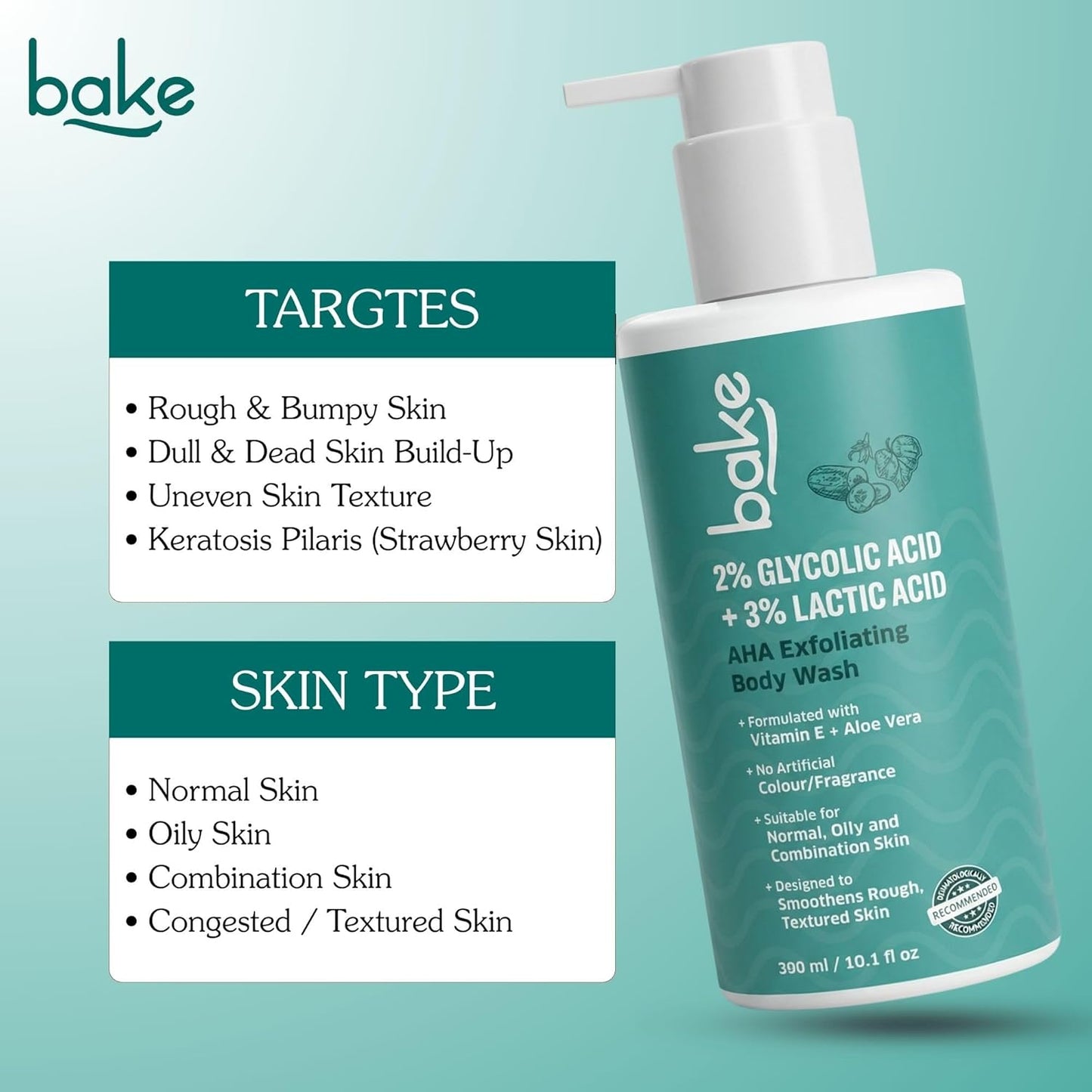 BAKE 2% Lactic & Glycolic Acid Body Wash for Tan Removal, Strawberry & Uneven Skin | Anti-Bacterial & Inflammatory | For Dry, Rough & Bumpy Skin | For Women & Men | 300ml
