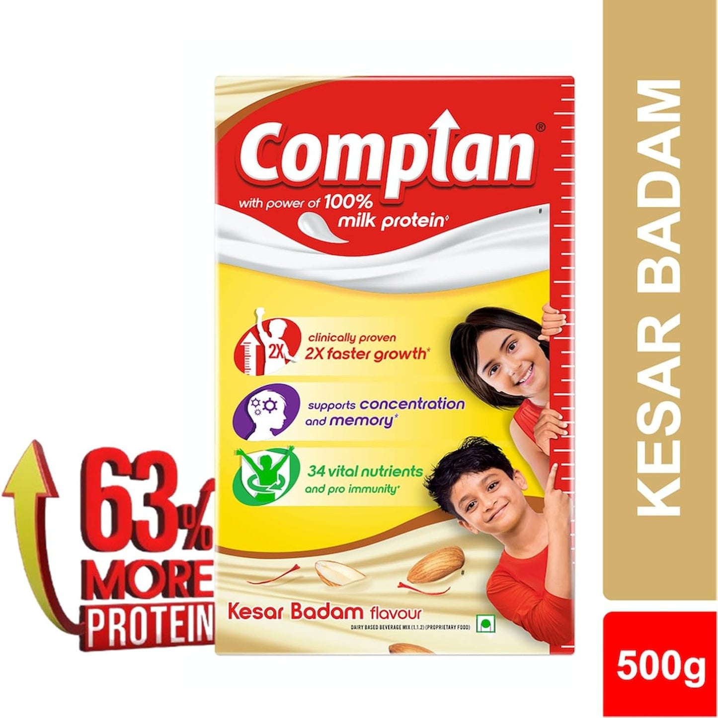 Complan Nutrition Drink Powder for Children, Kesar Badam Flavour, 500 g Carton | Nutrition drink for kids with protein & 34 vital nutrients with free Shaker